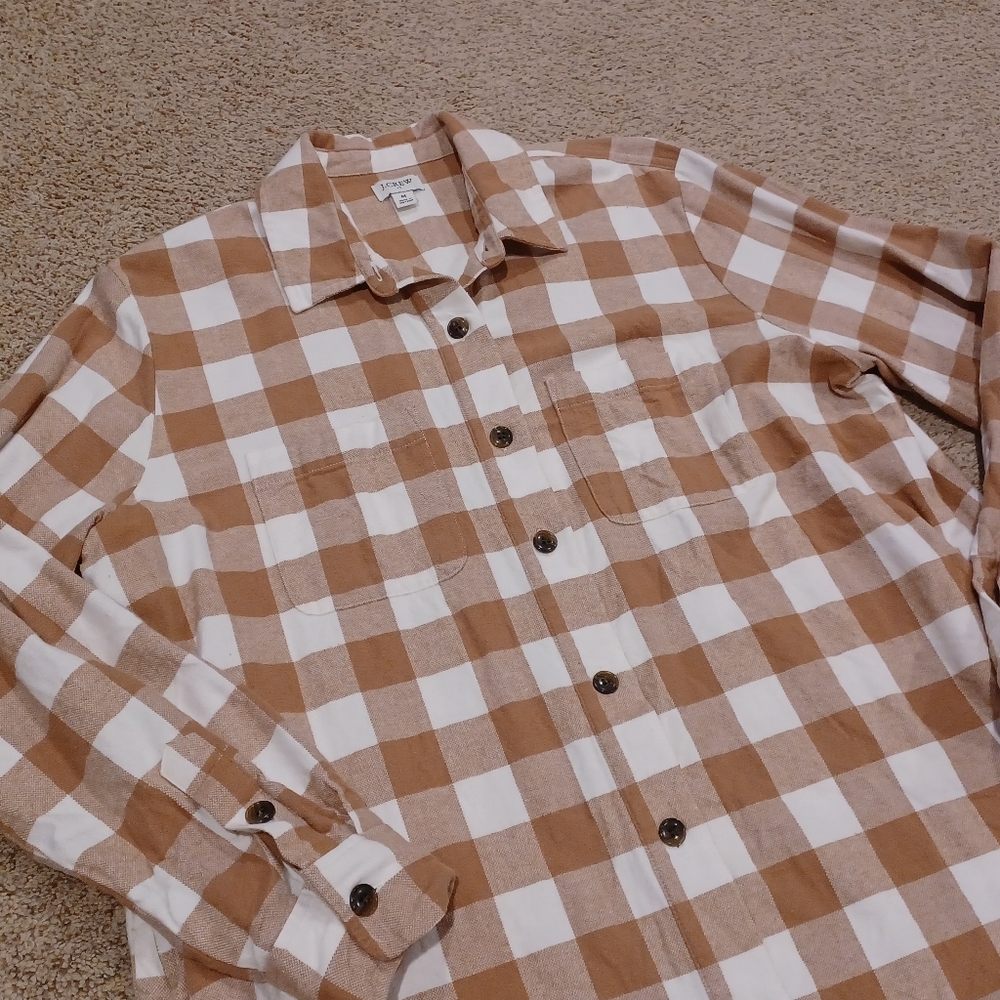 J. Crew Tan and White Buffalo Check Button-Down Shirt Womens Size M